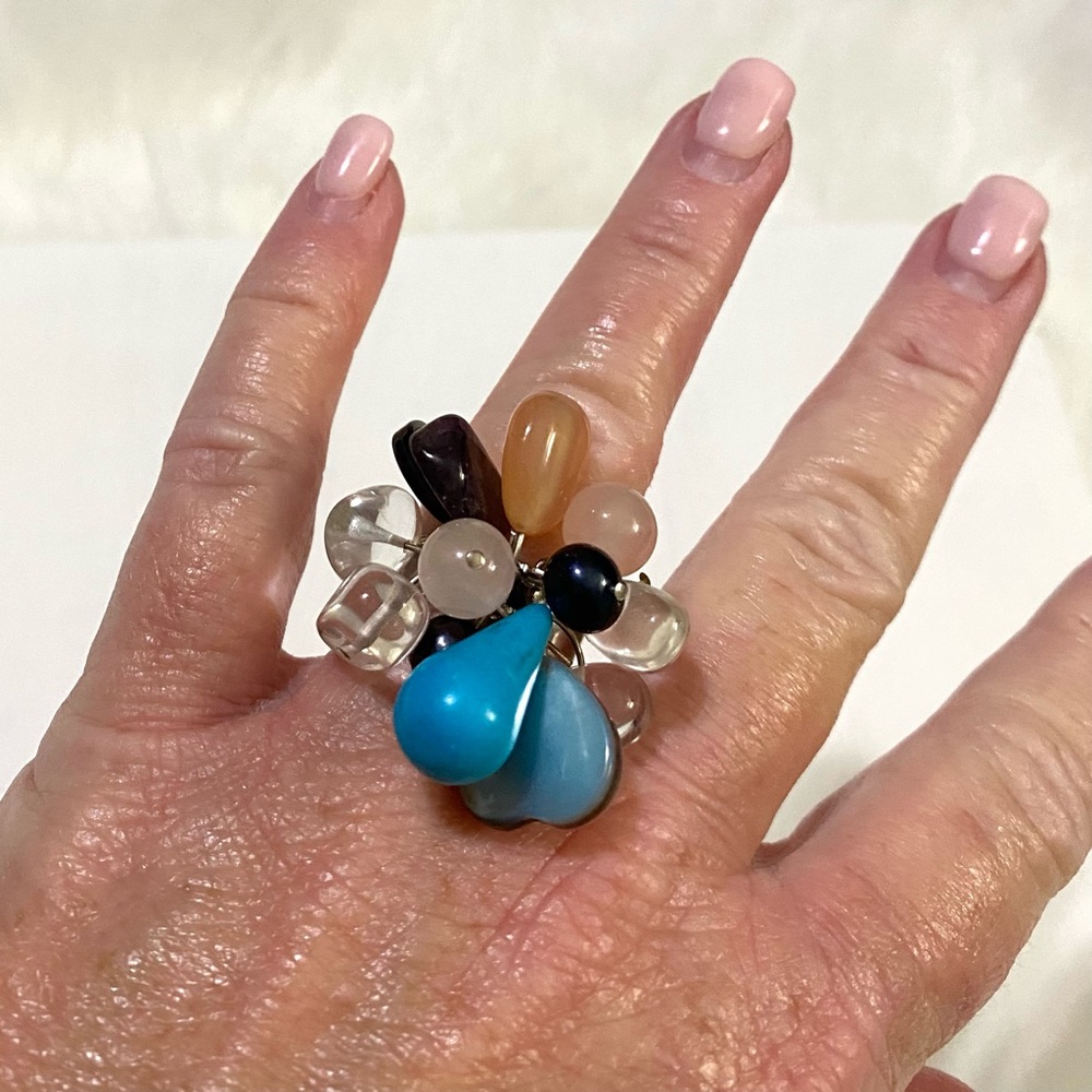 Vintage Multi-Color Adjustable Beaded Cluster Ring Boho Y2K Eclectic Festival
